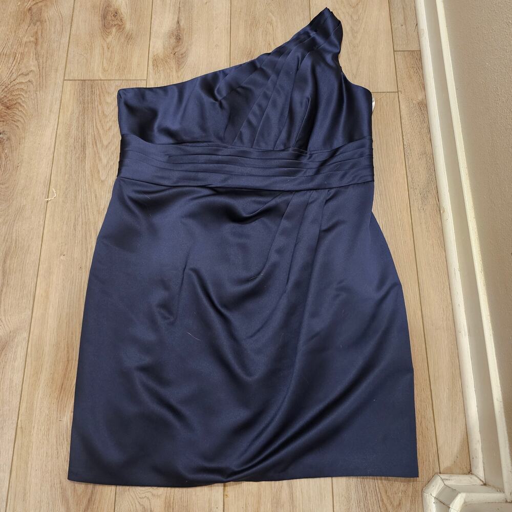 NWOT David's Bridal One-Shoulder Navy Satin Mini Dress Size 18